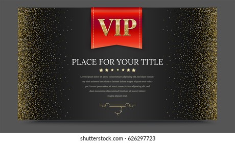 VIP or luxury red flag on black gradient backdrop with golden, shiny, glitter dust. Metallic pattern. Horizontal picture frame. Template for advertisement, VIP or luxury card, selling banner, cover.