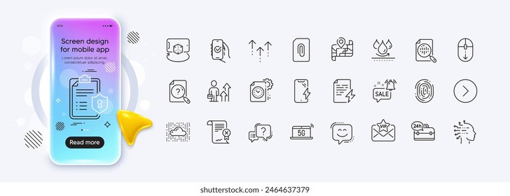 VIP Mail, Smile Face und Artificial Intelligence Line Icons für Web App. Der Farbverlaufsbildschirm für Telefonmockups. Paket mit 24h Service, Cloud-System, Suchen Dokument Piktogramm-Symbole. Vektorgrafik
