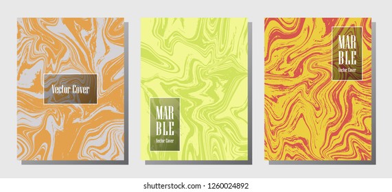 VIP marble prints, vector cover design templates. Fluid marble stone texture iInteriors fashion magazine backgrounds  Corporate journal patterns set of liquid clay waves. Cover pages set.