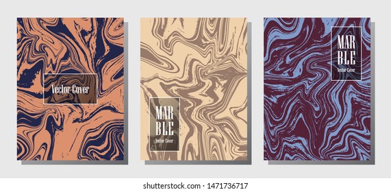 VIP marble prints, vector cover design templates. Fluid marble stone texture iInteriors fashion magazine backgrounds  Corporate journal patterns set of liquid paint waves. Report covers.