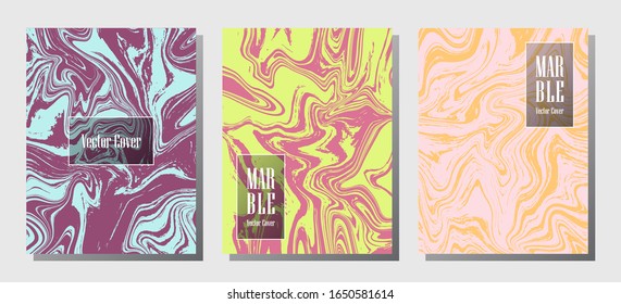 VIP marble prints, vector cover design templates. Fluid marble stone texture iInteriors fashion magazine backgrounds  Corporate journal patterns set of liquid oil waves. Flyers, banners set.