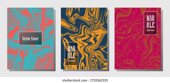 VIP marble prints, vector cover design templates. Fluid marble stone texture iInteriors fashion magazine backgrounds  Corporate journal patterns set of liquid ink waves. Report covers.
