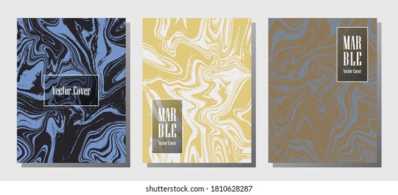 Impresiones de mármol VIP, plantillas de diseño de portada vectorial. Textura de piedra de mármol fluido iInteriors fondo de la revista de moda Patrones de revistas corporativos conjunto de ondas de pintura líquida. Juego de afiches.