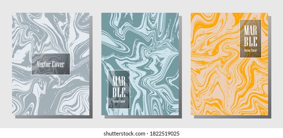 Impresiones de mármol VIP, plantillas de diseño de portada vectorial. Textura de piedra de mármol fluido iInteriors fondo de la revista de moda Patrones de revistas corporativos conjunto de ondas de tinta líquida. Portadas definidas.