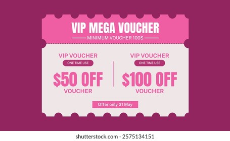 VIP Mega Voucher Template Two voucher Discount amount Vector Illustration on pink color background  