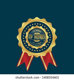 VIP Member gold emblem. Golden Badge with ribbon.