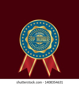 VIP Member gold emblem. Golden Badge with ribbon.