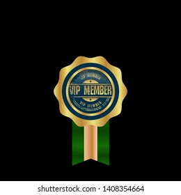 VIP Member gold emblem. Golden Badge with ribbon.