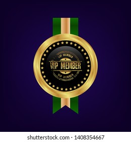 VIP Member gold emblem. Golden Badge with ribbon.