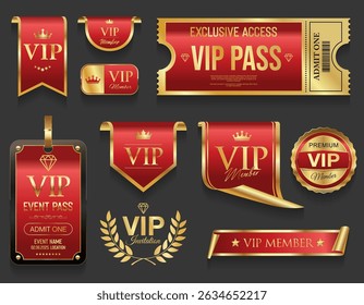 VIP member gold and red luxury label premium quality certificate ribbons vector illustration 