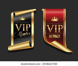 VIP member golden luxury label premium quality certificate ribbons vector illustration