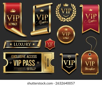 VIP member golden luxury label premium quality certificate ribbons vector illustration 