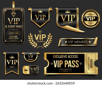 VIP member golden luxury label premium quality certificate ribbons vector illustration 