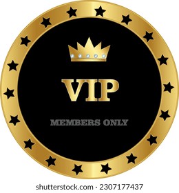 VIP members only chip in black color with a gold outline on a transparent background with stars in a circle