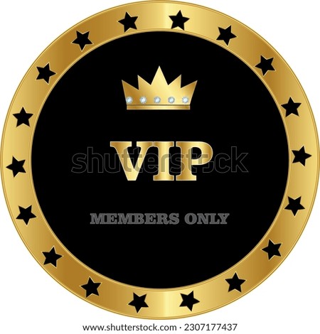 VIP members only chip in black color with a gold outline on a transparent background with stars in a circle