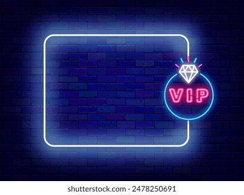 Vip neon announcement. Luxury premium access. Holiday promotion. Empty white frame and text with diamond. Event celebration. Copy space. Editable stroke. Vector stock illustration