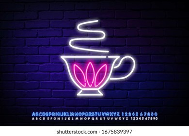 Vip Neon Icon. Cute Vip Neon Cup of Tea auf dem dunklen Mauerstück. Flachstil. Vektorillustration-Illustration
