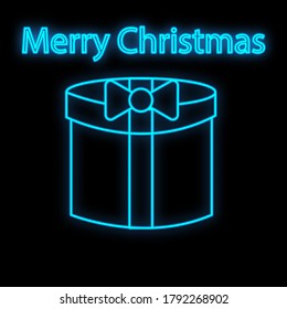 Vip neon icon. Neon open Gift box icon on the dark brick wall background. Merry Christmas and Happy New Year. Flat style.