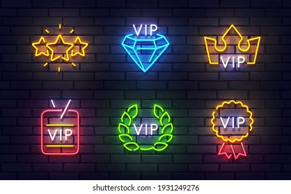 Vip neon icons. Included icons as member, VIP, exclusive, diamond, badge, high level neon isolated icons, emblem, design template. Sign boards, light banner. Vector Illustration