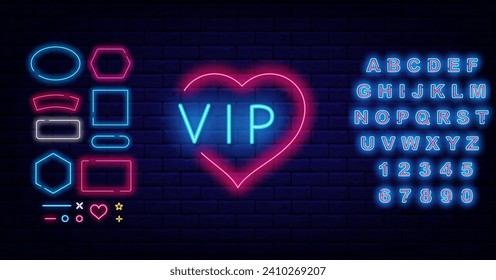 Vip neon label. Geometric borders collection. Very important person. Heart shape frame. Premium quality. Bright advertising. Glowing turquoise alphabet. Editable stroke. Vector stock illustration