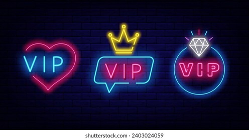 Vip neon labels collection. Speech bubbles frame. Crown icon. Heart shape border. Very important person label. Premium quality. Bright advertising. Editing text. Vector stock illustration