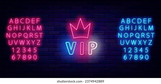 Vip neon signboard. Very important person sign. Crown icon. Premium quality. Colorful handwritten text. Bright advertising. Glowing pink and blue alphabet. Editable stroke. Vector stock illustration