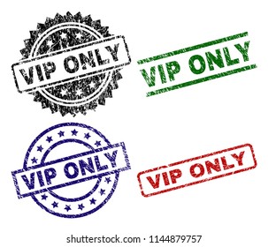 VIP ONLY seal prints with corroded surface. Black, green,red,blue vector rubber prints of VIP ONLY title with retro texture. Rubber seals with round, rectangle, medal shapes.