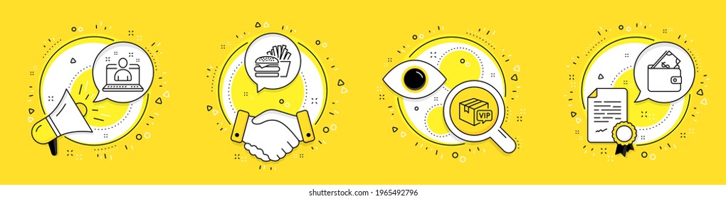Vip parcel, Best manager and Burger line icons set. Megaphone, licence and deal vector icons. Wallet sign. Exclusive delivery, Best developer, Cheeseburger. Usd cash. Business set. Vector