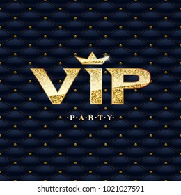 VIP party abstract quilted background. Golden glitter letters with crown. Good for premium invitation card poster flyer design.