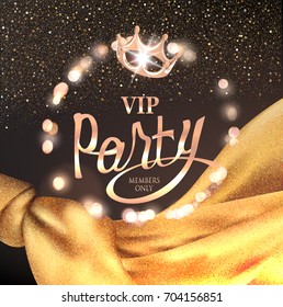 VIP party background with defocused lights and gold sparkling cloth. Vector illustration