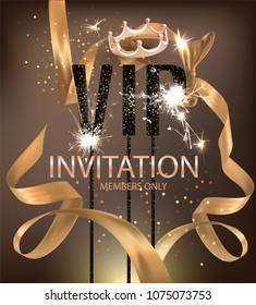 VIP Party banner with gold bent ribbons, confetti and sparkler letters. Vector illustration