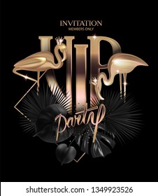 VIP party banner with golden flamingos and tropical leaves. Vector illustration
