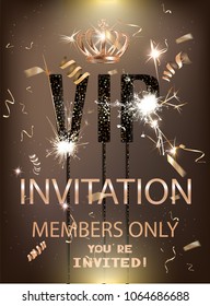 VIP Party banner with serpentine, confetti and sparkler letters. Vector illustration