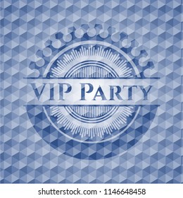 VIP Party blue emblem or badge with abstract geometric pattern background.