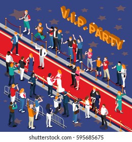 Vip Party With Celebrities On Red Carpet Photographers Admirers On Blue Background With Stars Isometric Vector Illustration