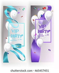 VIP party elegant banners with silk curled ribbons,  frames and flying confetty. Vector illustration