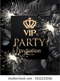 VIP PARTY INVITATION BANNER WITH TROPICAL LEAVES, SPARKLERS AND CROWN. VECTOR ILLUSTRATION