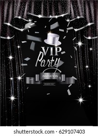 Vip party invitation card with black shiny curtains with silver sparkling edge. Vector illustration