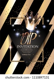 VIP party invitation card with crown, golden frame and striped background. Vector illustration