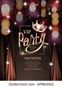 VIP party invitation card with frame and curtains. Vector illustration