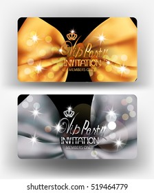 Vip Party invitation cards with big silk bows. Vector illustration