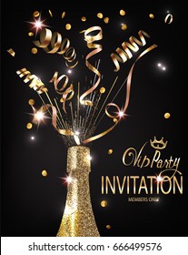 VIP Party invitation shiny banner WITH GOLD  TEXTURED SERPENTINE AND BOTTLE OF CHAMPAGNE. VECTOR ILLUSTRATION