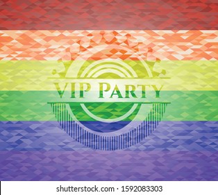 VIP Party on mosaic background with the colors of the LGBT flag