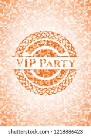 VIP Party orange tile background illustration. Square geometric mosaic seamless pattern with emblem inside.