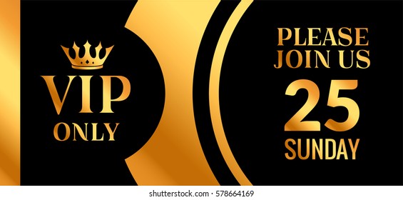 VIP party premium golden invitation card design. Quilted party banner certificate. Vip club with crown decoration. Elegant premium invitation