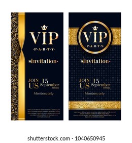 VIP Party Premium Invitation Card Poster Flyer. Black And Golden Design Template. Decorative Background With Gold Ribbon And Confetti.