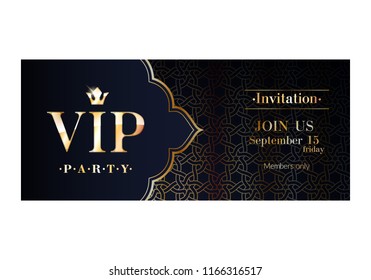 VIP Party Premium Invitation Card Poster Flyer. Black And Golden Design Template. Decorative Background With Arabic Pattern.