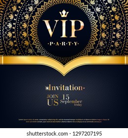 VIP party premium invitation card poster flyer. Black and golden design template. Golden mandala decorative background with ribbon.