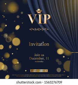 VIP Party Premium Invitation Card Poster Flyer. Black And Golden Design Template. Black Theater Curtain And Golden Bokeh Decorative Vector Background.