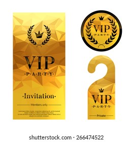 VIP party premium invitation card, warning hanger and round label badge. Golden faceted mosaic design template set. Laurel wreath and crown.